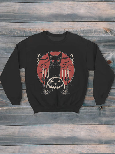 Unisex Halloween Cat Print Casual Sweatshirt