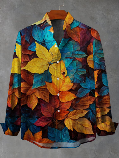 Men's Autumn Maple Leaf Print Casual Long Sleeve Pocket Shirt