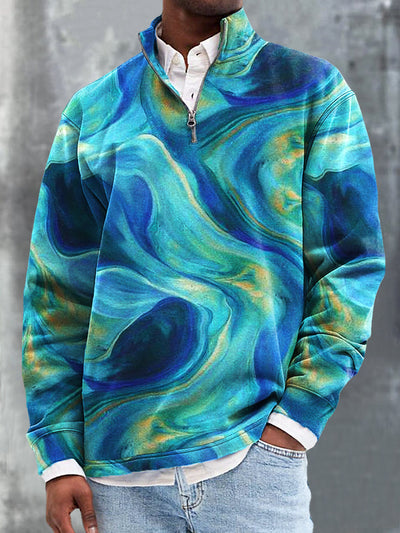 Gentleman's Casual Abstract Multicolor Swoosh Art Print Zip Pullover Sweatshirt