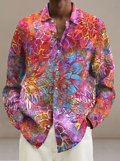 Men's Colorful Lotus Pattern Cotton Summer Casual Beach Shirt long Sleeve