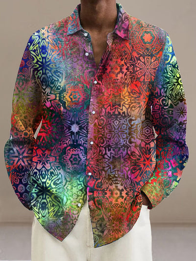 Men's Abstract color mandala pattern  Cotton Summer Casual Beach Shirt long Sleeve