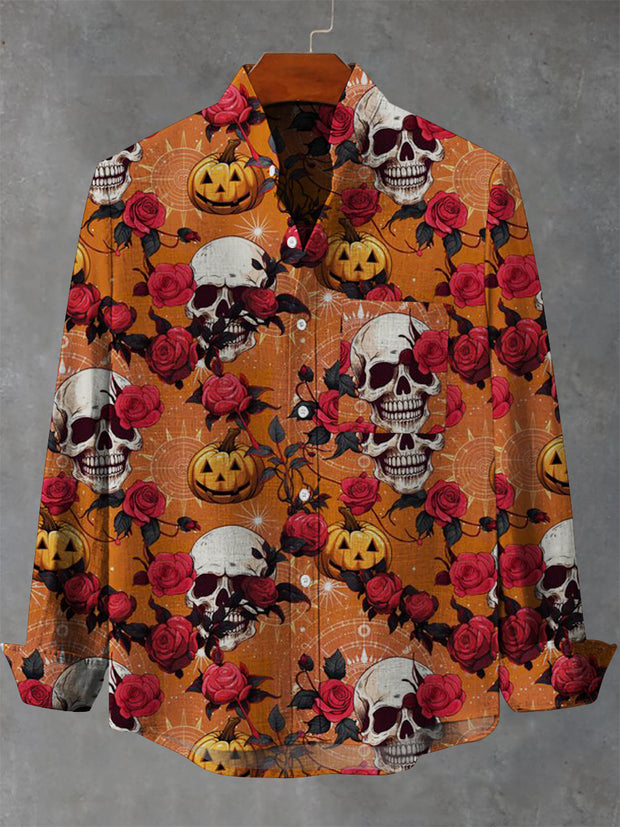 Men's Skull Floral Casual Long Sleeve Shirt