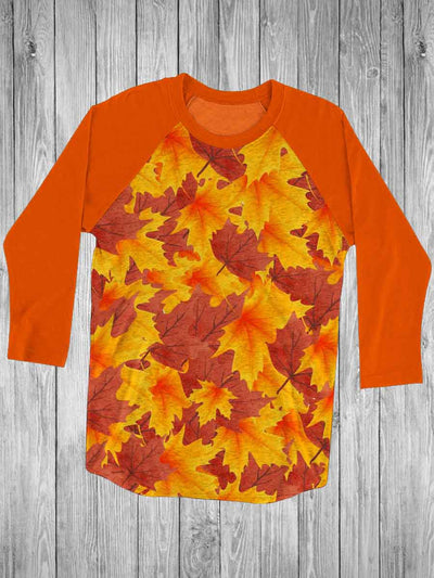 Autumn Maple Leaf Print 3/4 Sleeve Casual T-Shirt