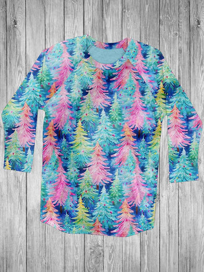 Christmas Colorful Christmas Tree Print 3/4 Sleeves Casual T-shirt