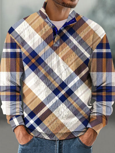 Gentleman Vintage Khaki Plaid Art Print Corduroy Stand Collar Sweatshirt