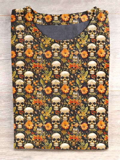 Unisex Skull Floral Print Casual T-Shirt