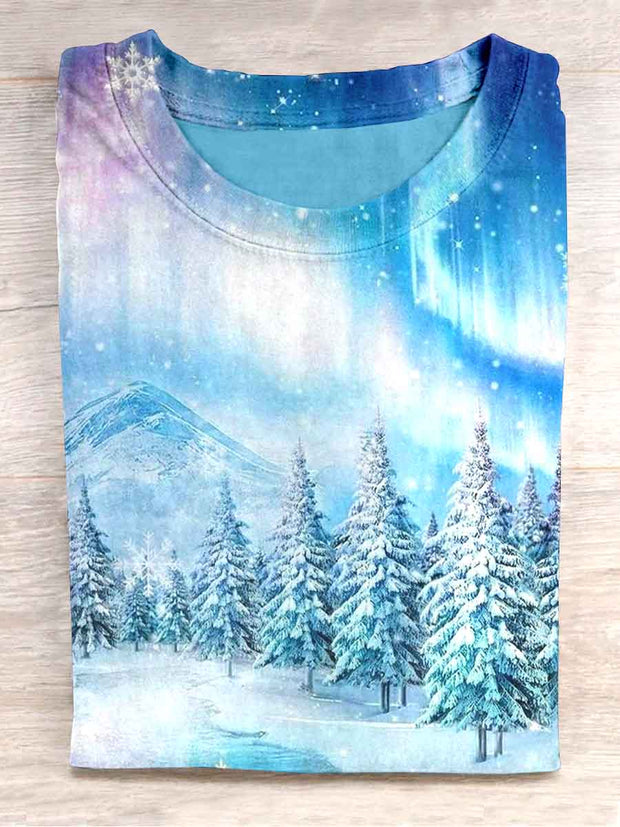 Unisex Snow Mountain Christmas Tree Print Casual T-shirt