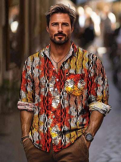 Gentleman Vintage Multicolor Irregular Art Print Long Sleeve Pocket Shirt