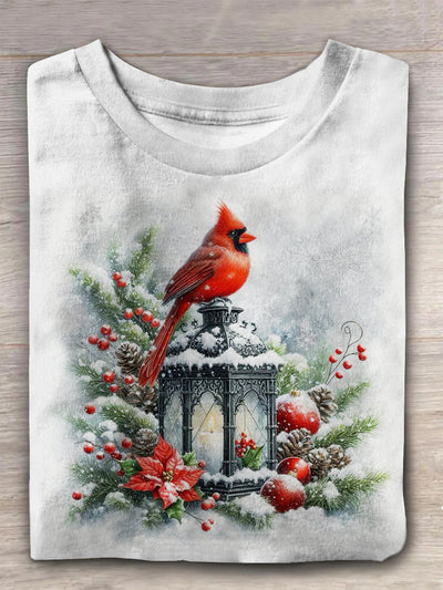 Unisex Christmas Red Bird Printed Casual T-shirt