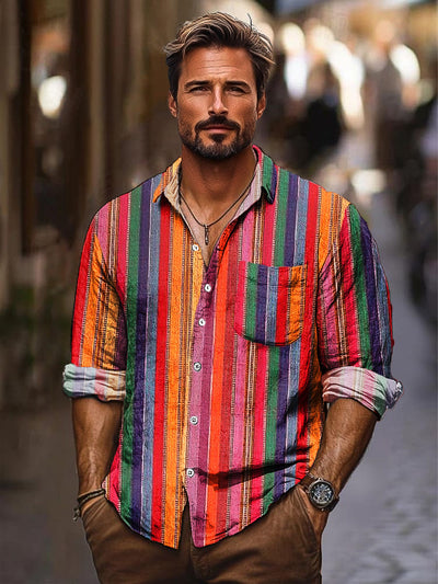 Gentleman Vintage Iridescent Striped Art Print Long Sleeve Pocket Shirt