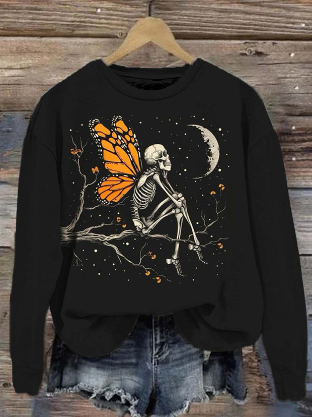 Fashionable skull print round neck vintage fashion loose long sleeve sweatshirt