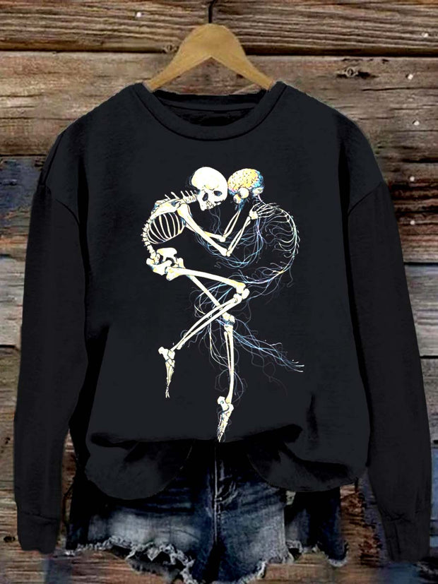 Fashionable skull print round neck vintage fashion loose long sleeve sweatshirt