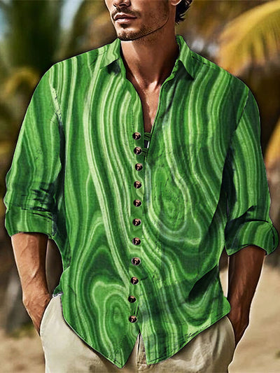 Men's Green Line Cotton Summer Casual Beach Shirt long Sleeve