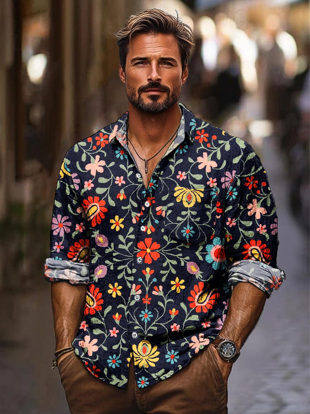 Gentleman Vintage Floral Art Print Long Sleeve Pocket Shirt