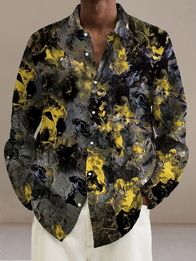 Men's Abstract Black Gold Collision  Cotton Summer Casual Beach Shirt long Sleeve