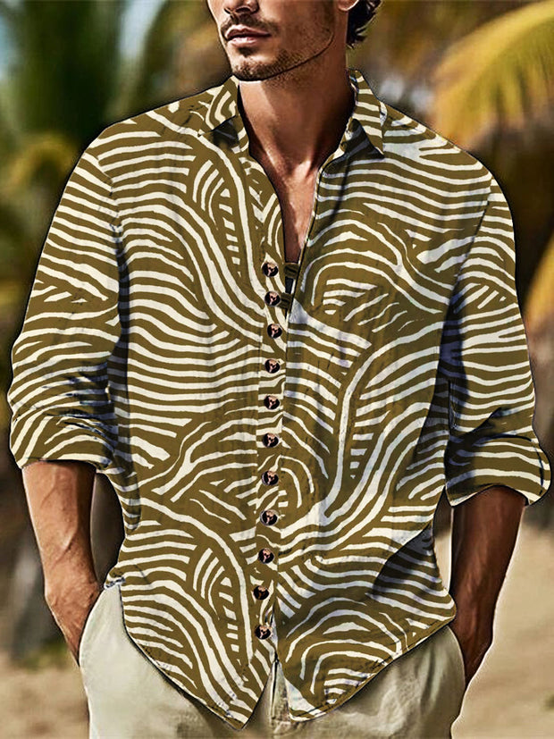 Men's Line Cotton Summer Casual Beach Shirt long Sleeve