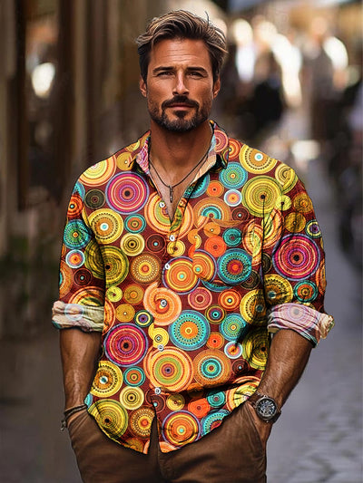 Gentleman Vintage Multicolor Circle Art Print Long Sleeve Pocket Shirt