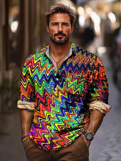 Gentleman Vintage Multicolor Line Wave Art Print Long Sleeve Pocket Shirt