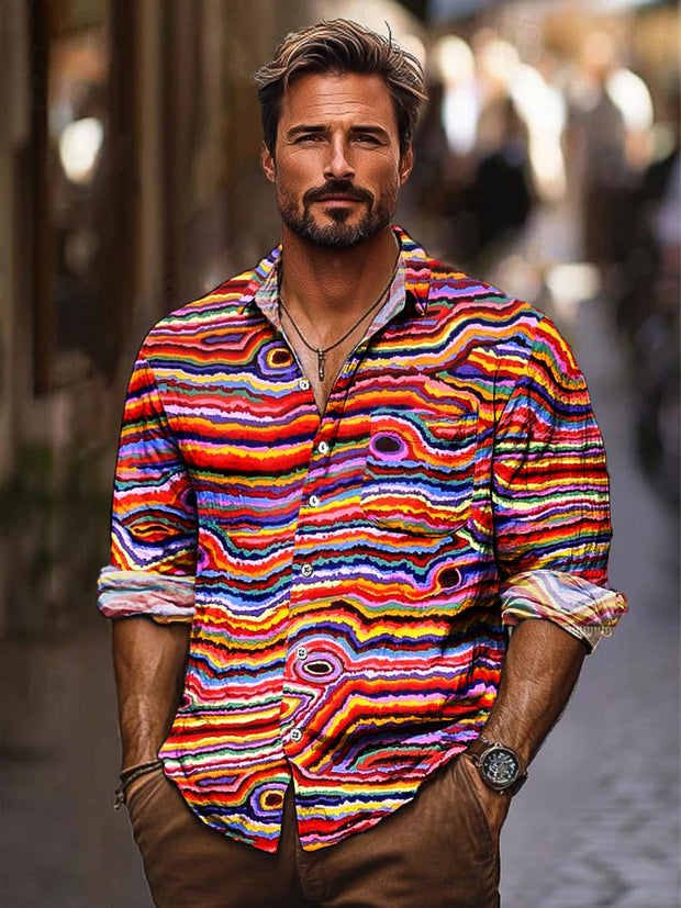 Gentleman Vintage Rainbow Color Abstract Line Art Print Long Sleeve Pocket Shirt