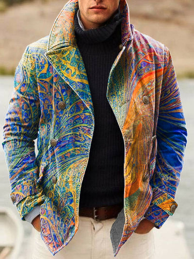 Gentleman Vintage Colorful Textured Art Print Double Breasted Lapel Jacket