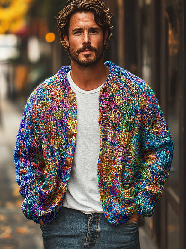 Gentleman Vintage Multicolor Line Swirl Art Print Button Cardigan Sweater