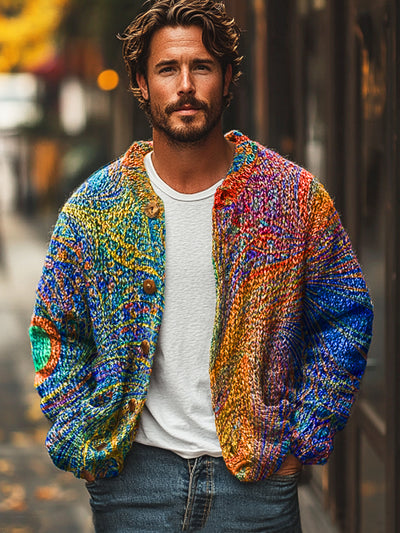 Gentleman Vintage Multicolor Textured Art Print Button Cardigan Sweater