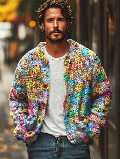 Gentleman Vintage Rainbow Color Small Flower Art Print Cardigan Sweater