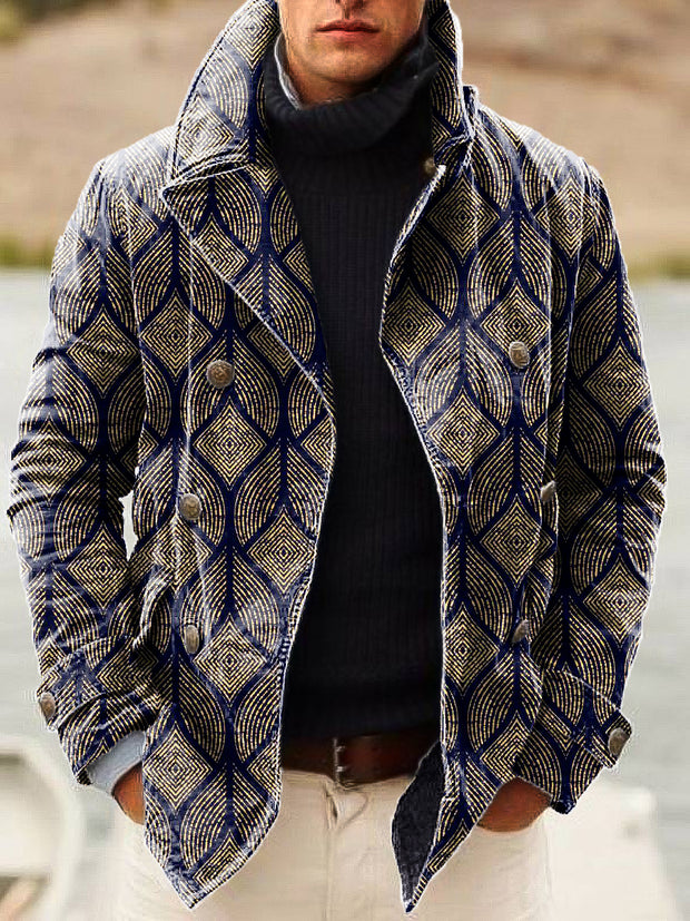 Gentleman Vintage Two Color Geometric Art Print Lapel Double Breasted Jacket