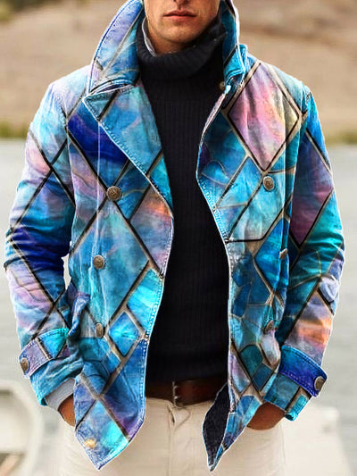 Gentleman Vintage Gradient Geometric Art Print Lapel Double Breasted Jacket