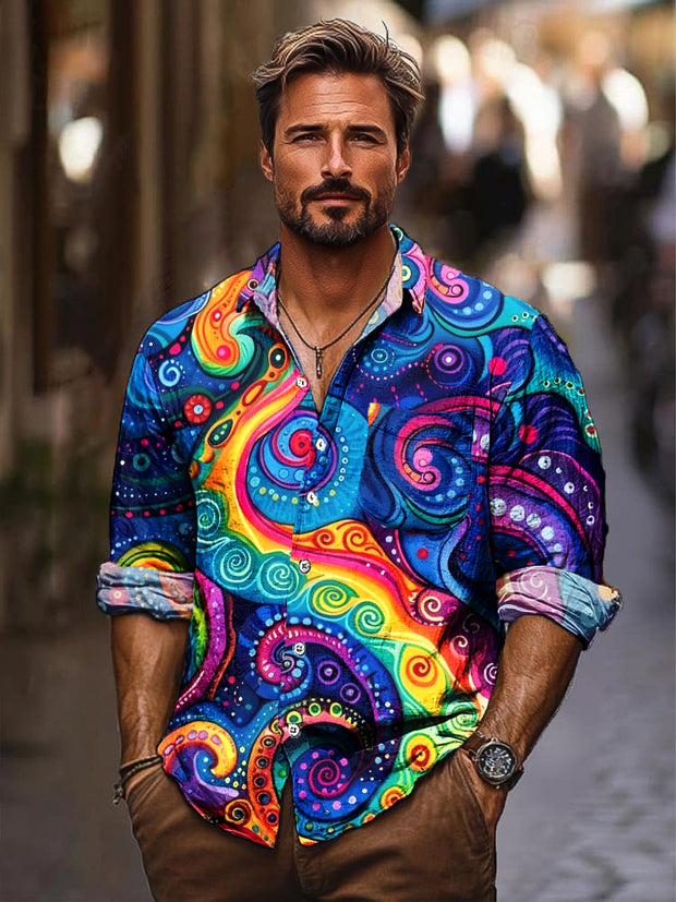 Gentleman Vintage Psychedelic Swirl Art Print Long Sleeve Pocket Shirt