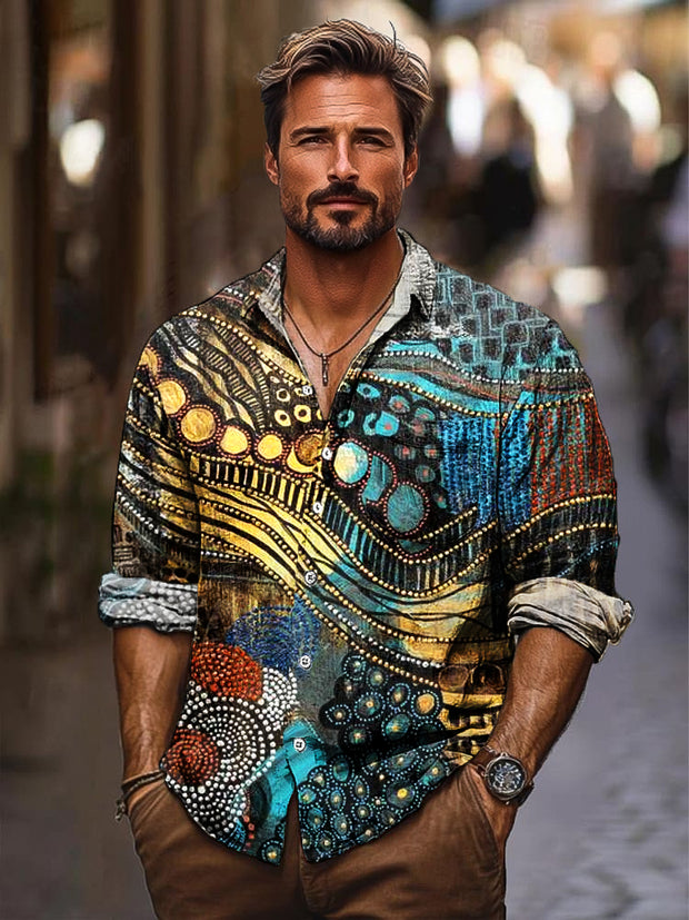 Gentleman Vintage Ethnic Irregular Art Print Long Sleeve Pocket Shirt