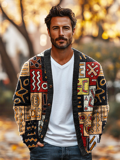 Gentleman Vintage Ethnic Tribal Art Print V-Neck Cardigan Sweater