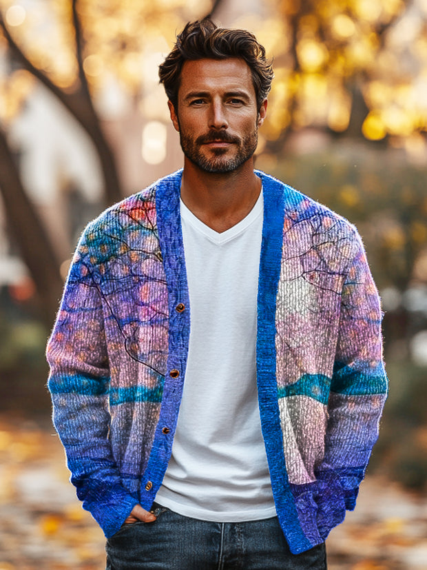 Gentleman Vintage Gradient Abstract Large Tree Art Print V-Neck Cardigan Sweater