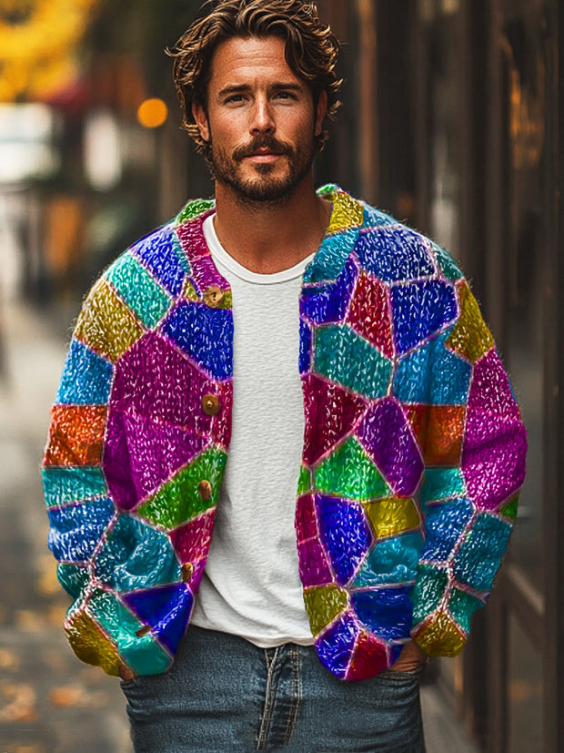 Gentleman Vintage Rainbow Color Irregular Art Print Cardigan Sweater