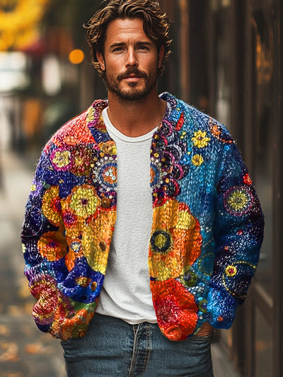 Gentleman Vintage Gradient Geometric Floral Art Print Cardigan Sweater