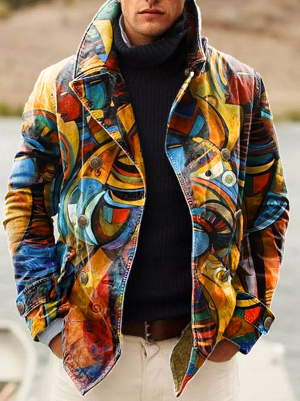 Gentleman Vintage Abstract Indian Art Print Lapel Double Breasted Jacket