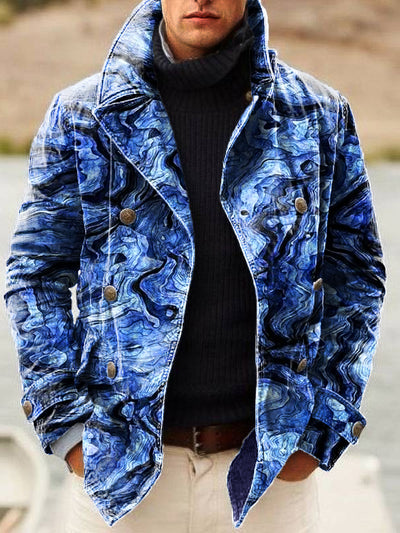 Gentleman Vintage Blue Textured Art Print Lapel Double Breasted Jacket