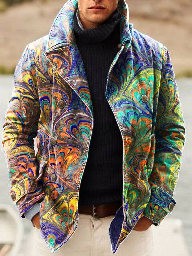 Gentleman Vintage Color Marbled Art Print Lapel Double Breasted Jacket