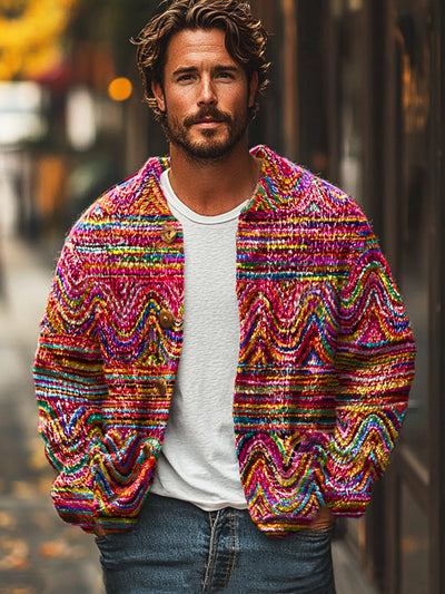 Gentleman Vintage Multicolor Abstract Line Wave Art Print Cardigan Sweater