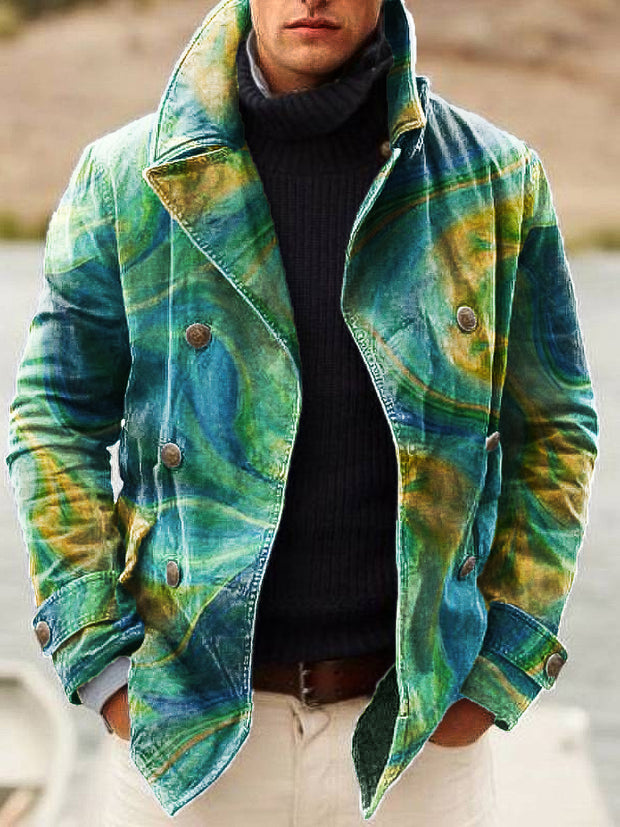 Gentleman Vintage Multicolor Abstract Art Print Lapel Double Breasted Jacket