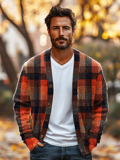 Gentleman Vintage Plaid Art Print V-Neck Cardigan Sweater