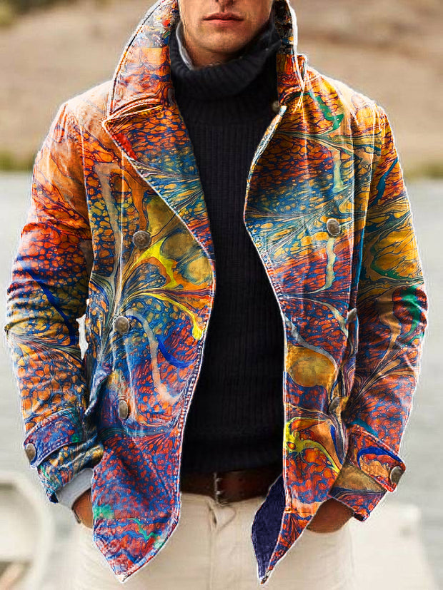 Gentleman Vintage Multicolor Irregular Art Print Lapel Double Breasted Jacket