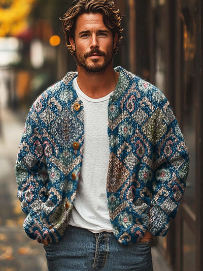 Men's blue geometric print stylish loose cardigan sweater jacket