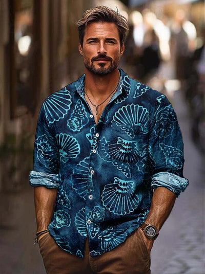 Men's blue shell digital print long-sleeved shirt