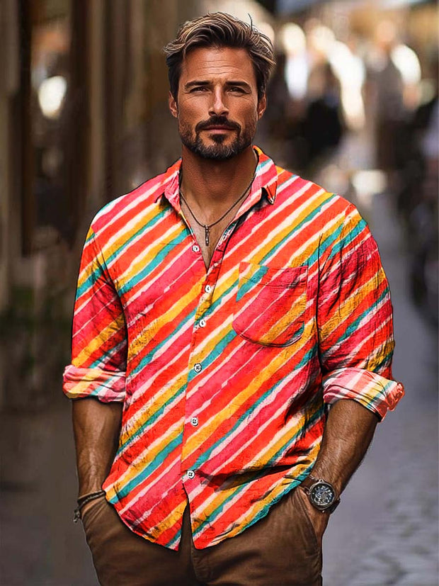 Men's color lines are simple and fashionable digitally printed long-sleeved shirts