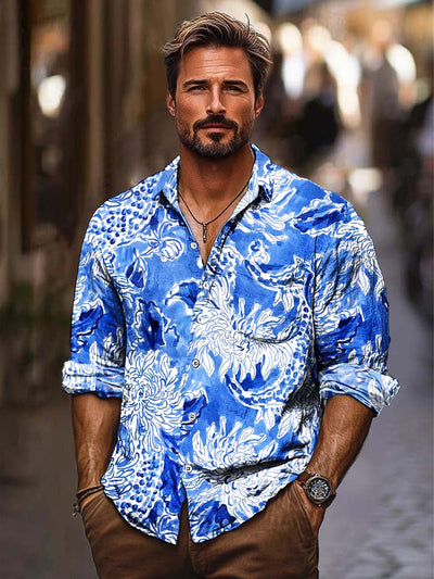 Men's blue floral digital print long-sleeved shirt