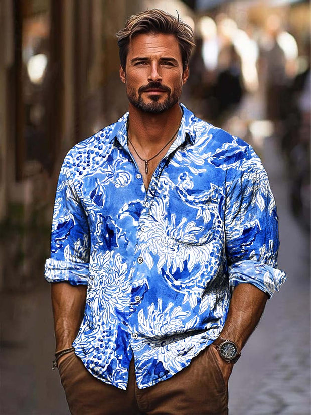 Men's blue floral digital print long-sleeved shirt