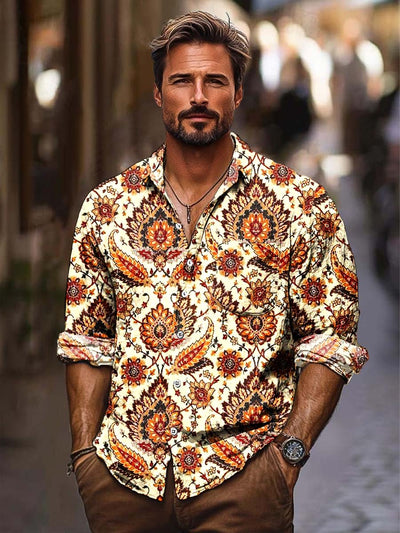 Men's classic vintage digitally printed long-sleeved shirt