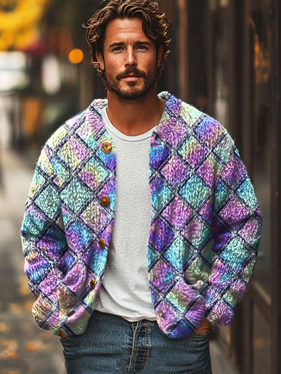 Men's colorful plaid fashion print casual loose sweater jacket