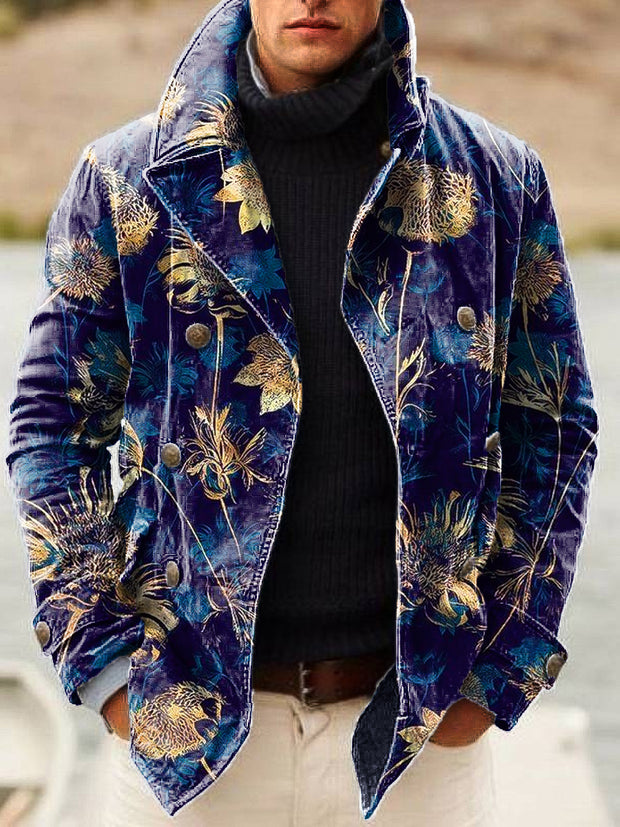 Gentleman Vintage Abstract Gold Floral Art Print Lapel Double Breasted Jacket